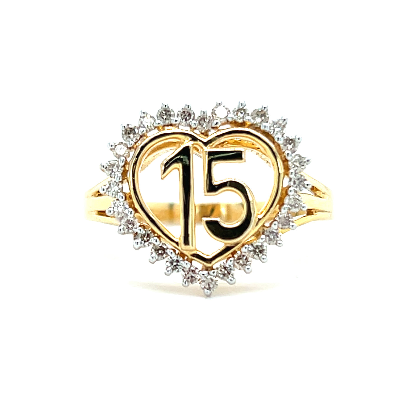 10KT Yellow Gold Diamond Sweet 15 Heart Ring