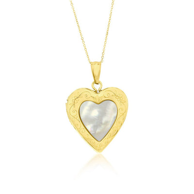 14K Yellow Gold, 20mm Heart Locket with Mother Of Pearl