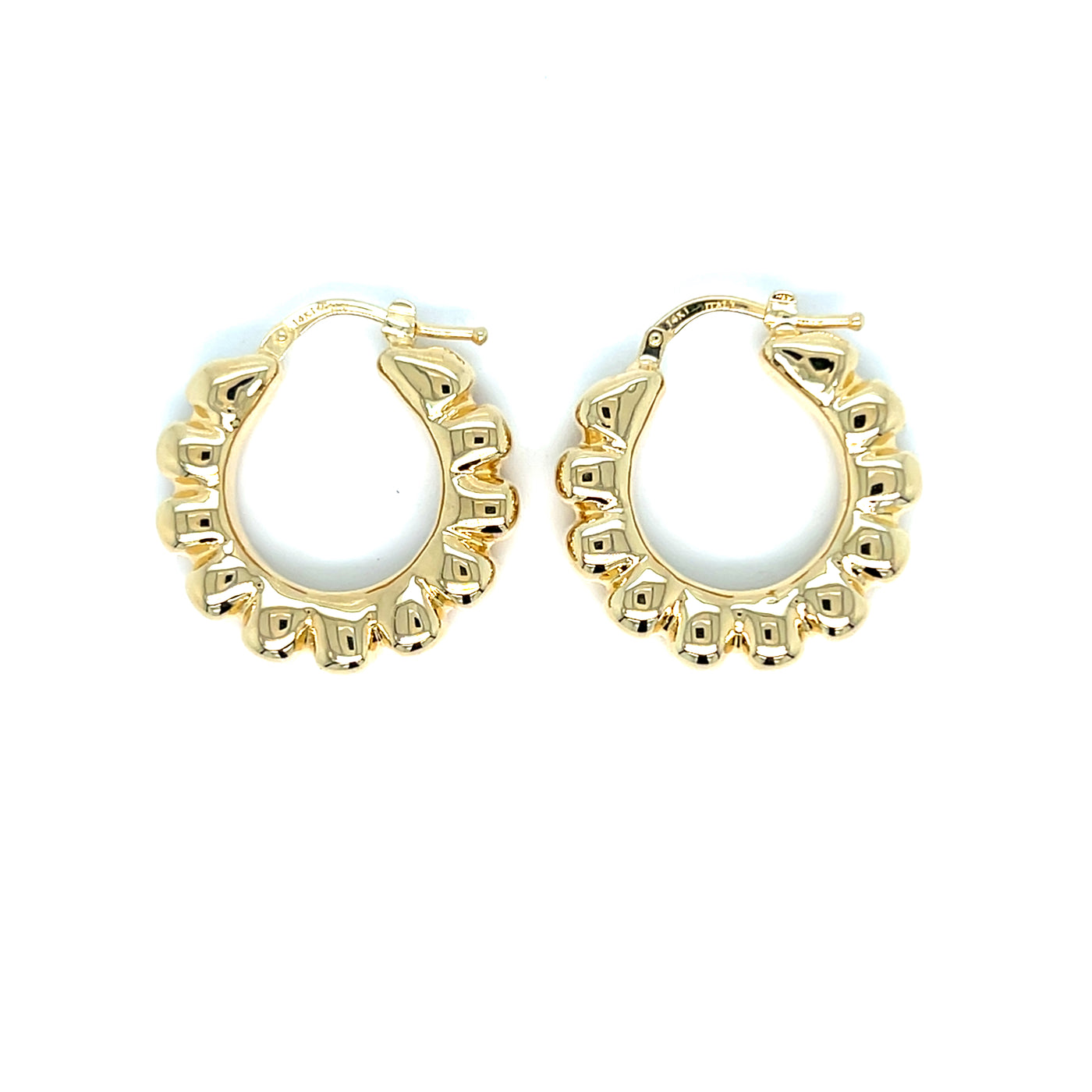 14KT YG Puff Scalloped Hoop Earrings 3.40g