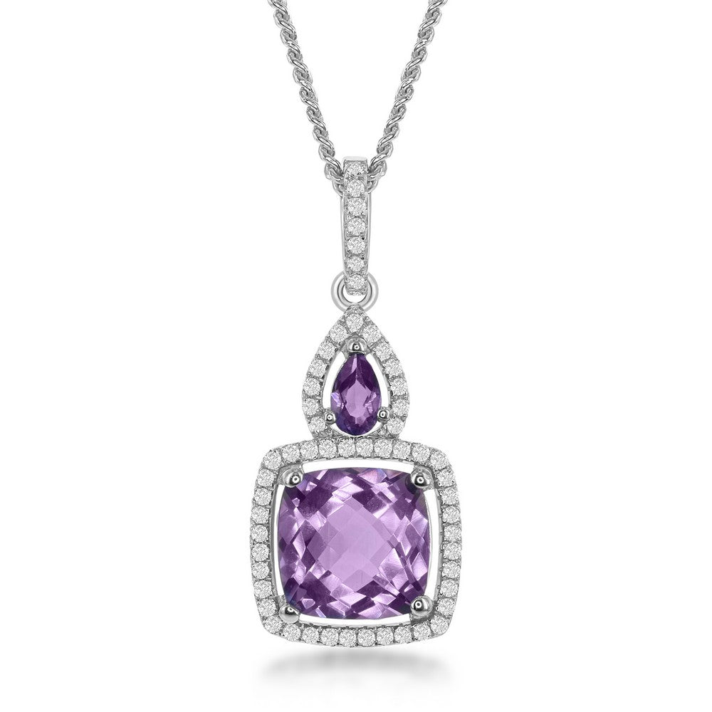 Sterling Silver Sqaure Amethyst Center with White Topaz Border Necklace 20''