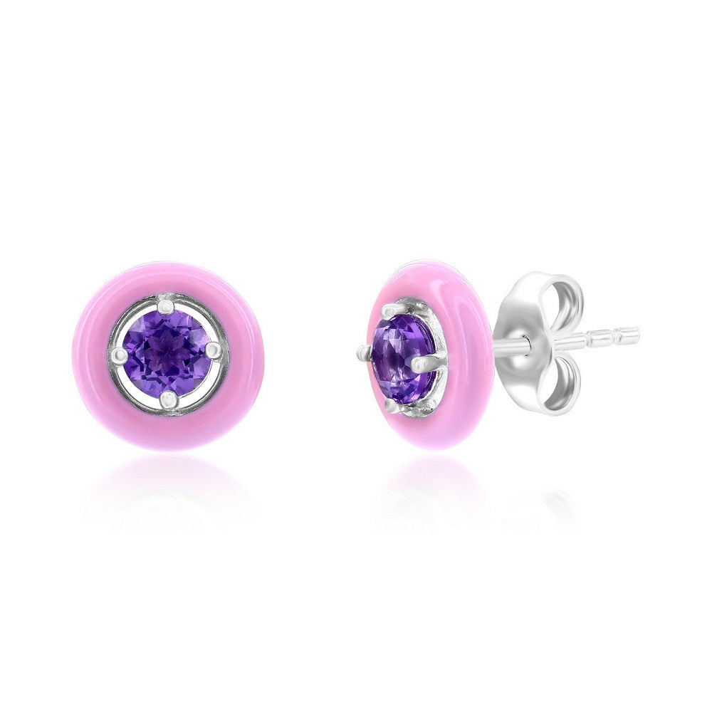 SS Round Enamel & Gemstone Halo Amethyst Stud Earrings