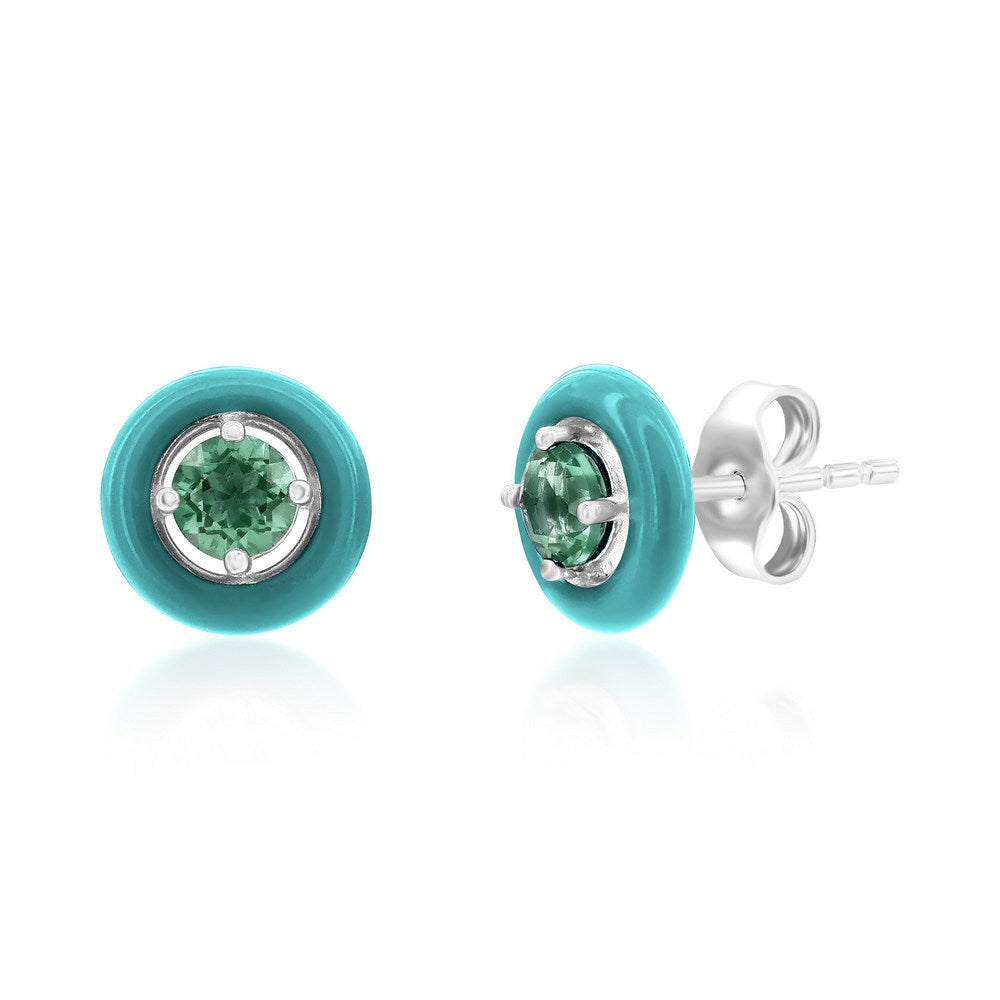 SS Round Enamel & Gemstone Halo Green Agate Studs Earrings