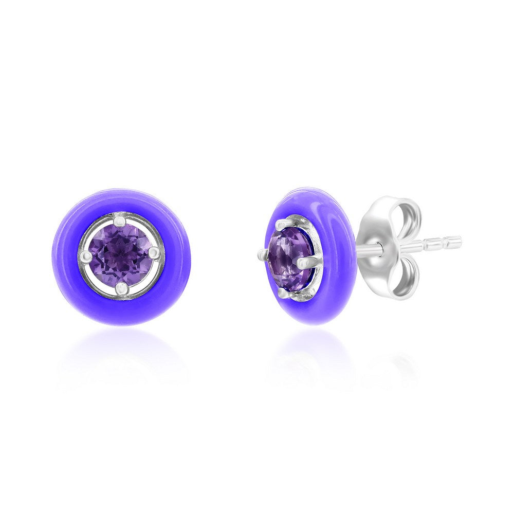 SS Round Enamel & Gemstone Halo Light Amethyst Stud Earrings