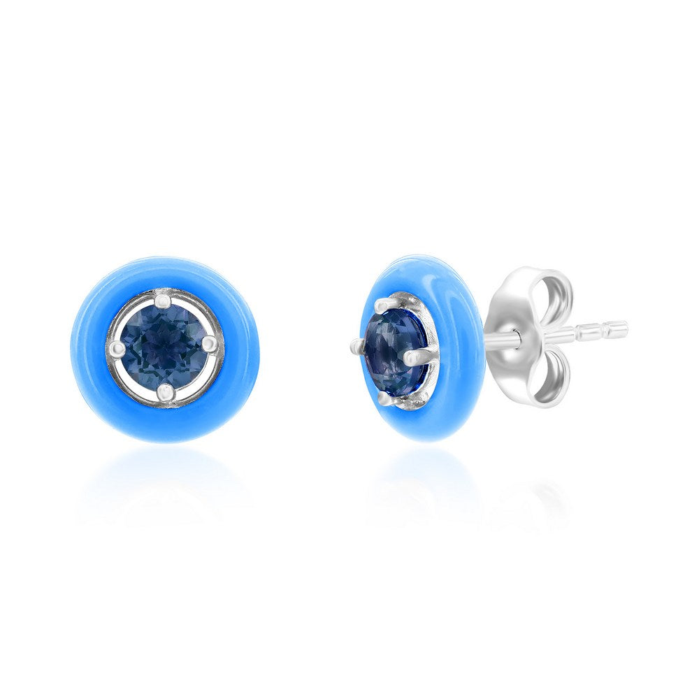 SS Round Enamel & Gemstone with Halo London Blue Topaz Stud Earrings