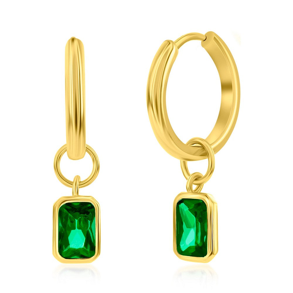 SS "May" Rectangle CZ Charm Hoop Gold Plated Emerald Earrings