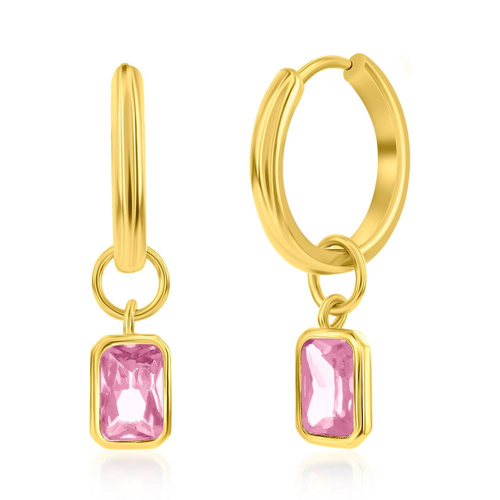 SS "October" Rectangle CZ Charm Hoop Gold Plated Pink Earrings