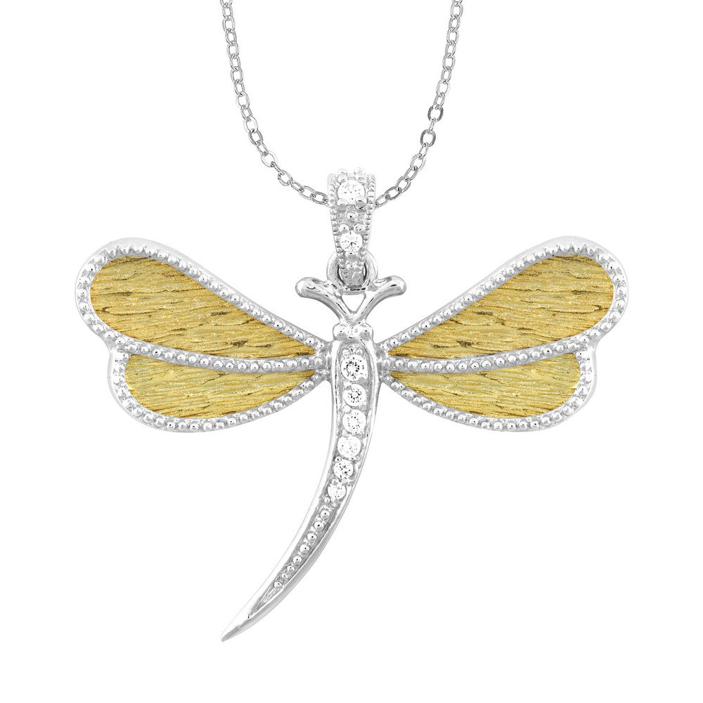 Sterling Silver CZ Dragonfly Pendant Gold Plated