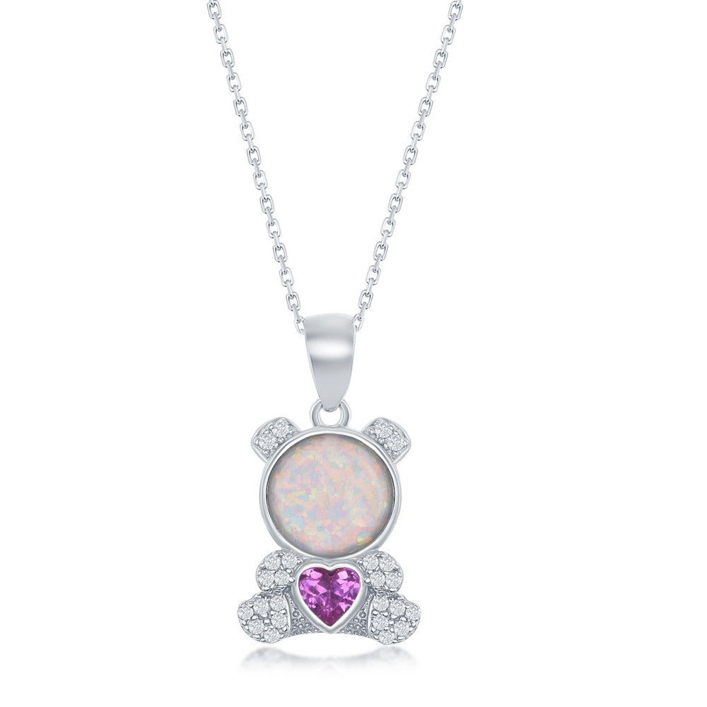 Sterling Silver CZ Bear with Pink Heart and White Opal Pendant