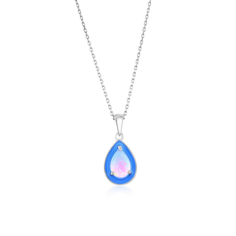 Sterling Silver White Opal & Blue Enamel Pear-shaped Pendant