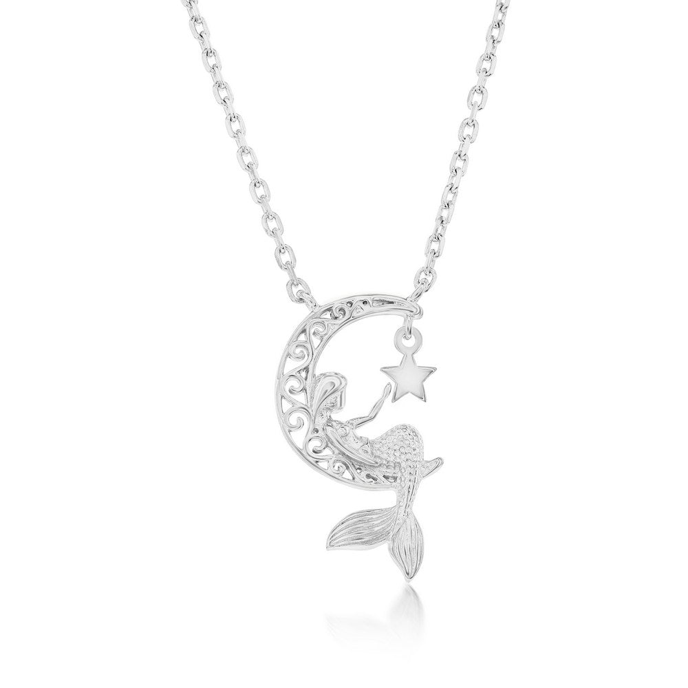 SS Crescent Moon w/Mermaid, Star Charm Necklace