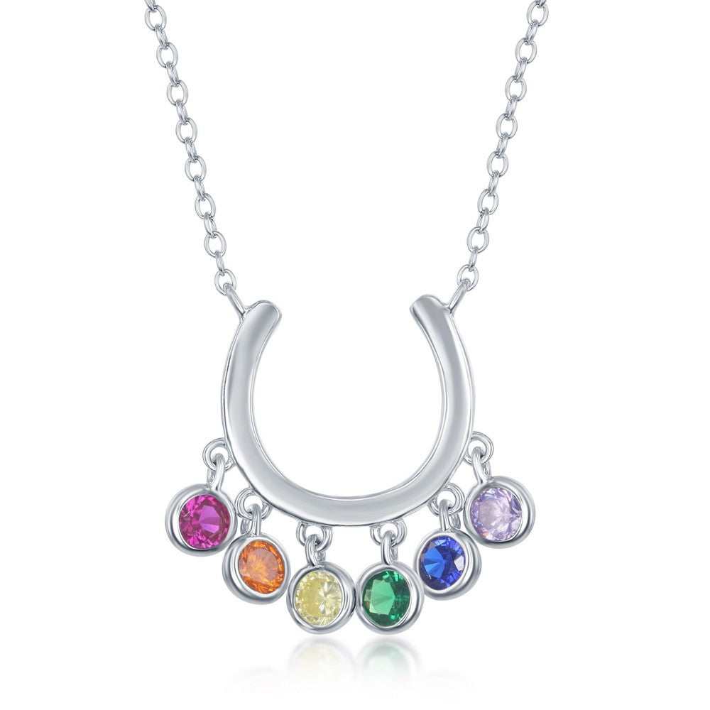 Sterling Silver Dangling Rainbow CZ Horseshoe Necklace 16+2''