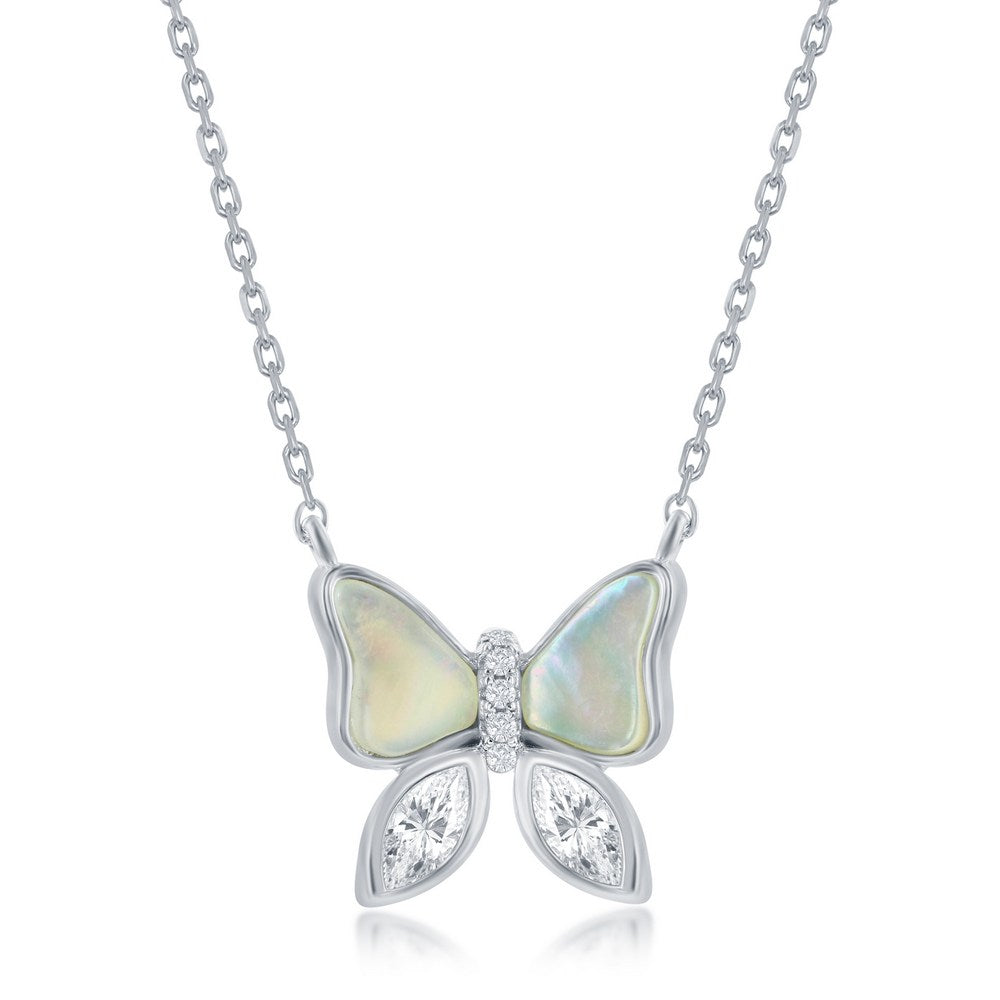 Sterling Silver Mother Of pearl & CZ Butterfly Necklace 16+2''