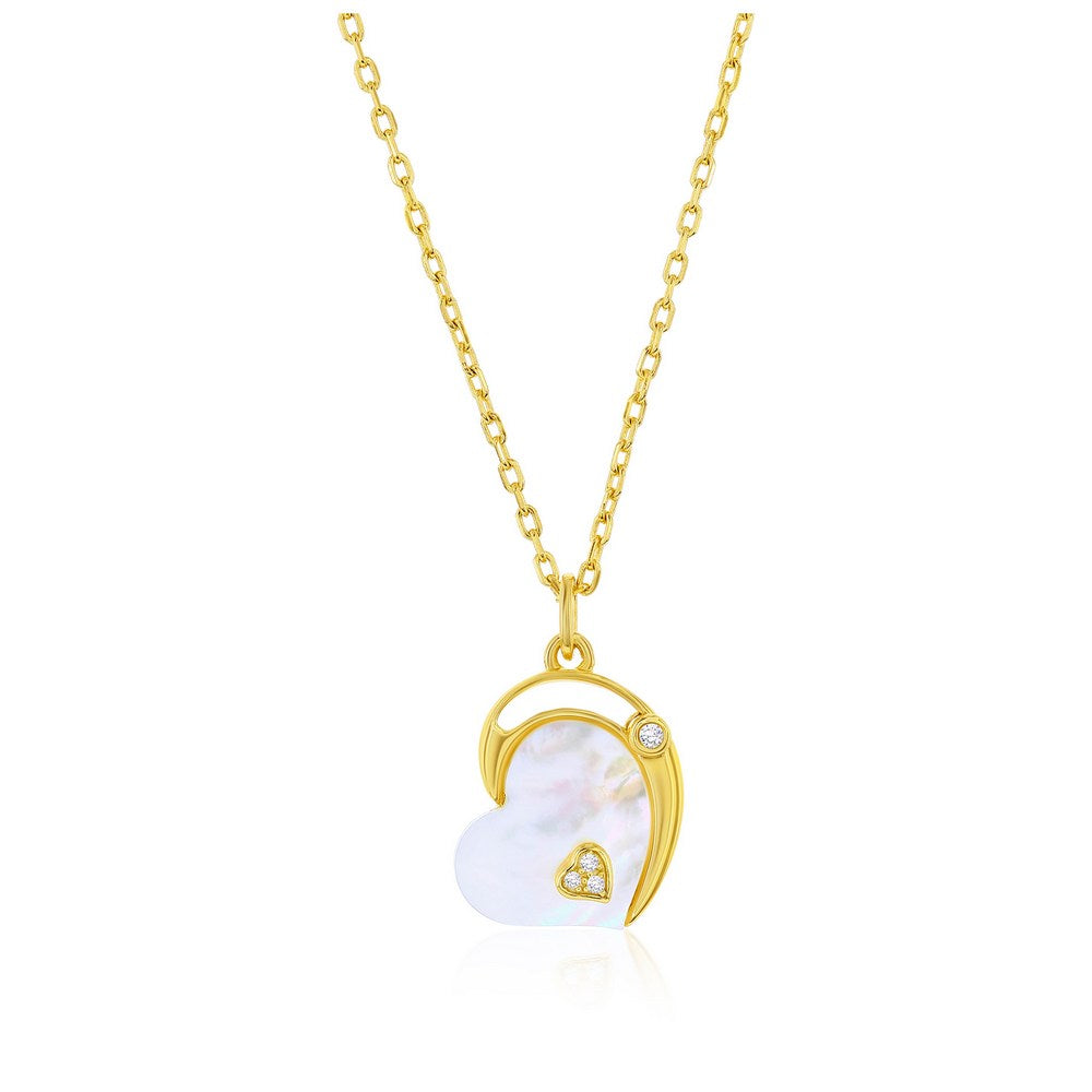 Sterling Silver Mother Of pearl & CZ Heart Necklace 16+2