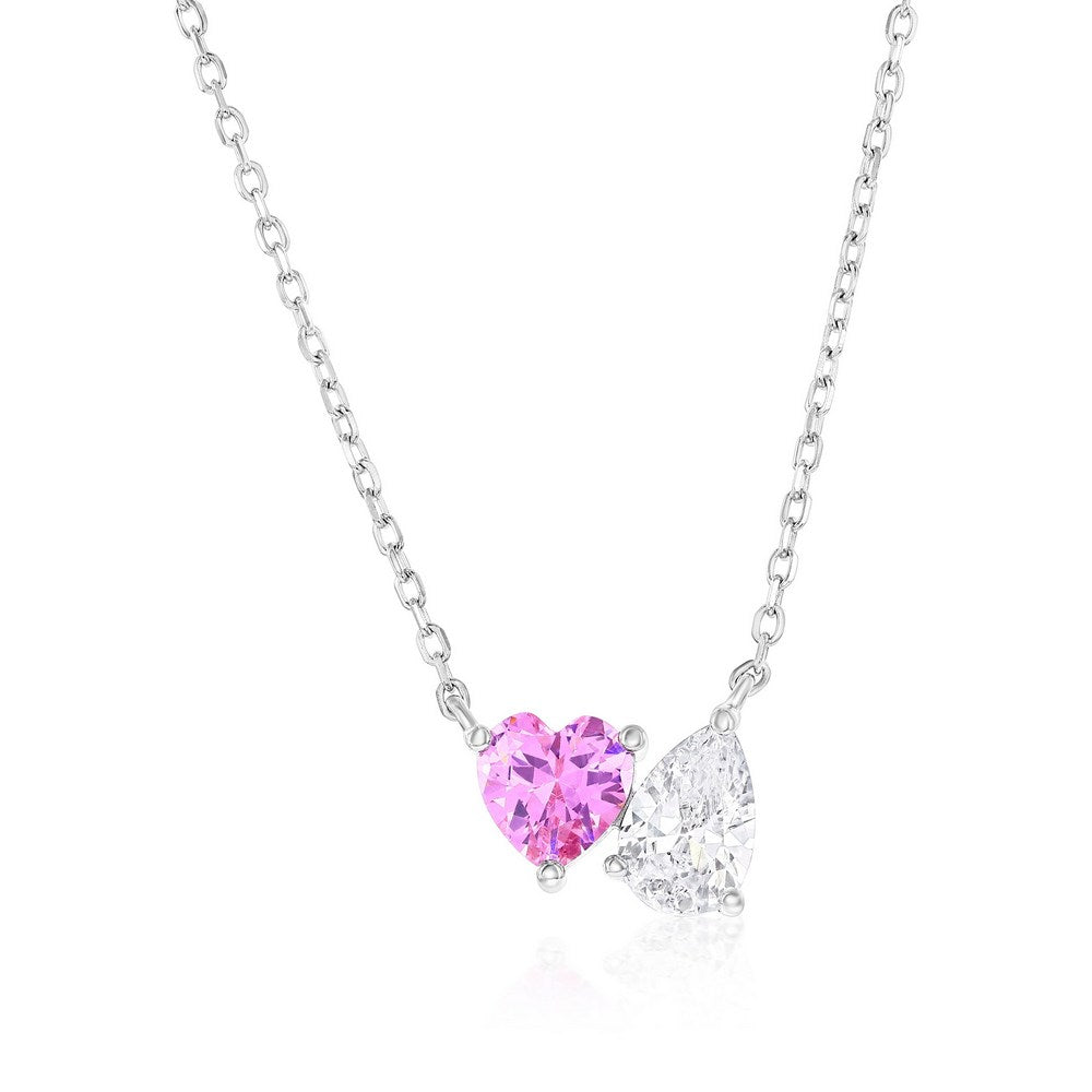 Sterling Silver Heart and Pearshaped CZ Necklace 16+2''