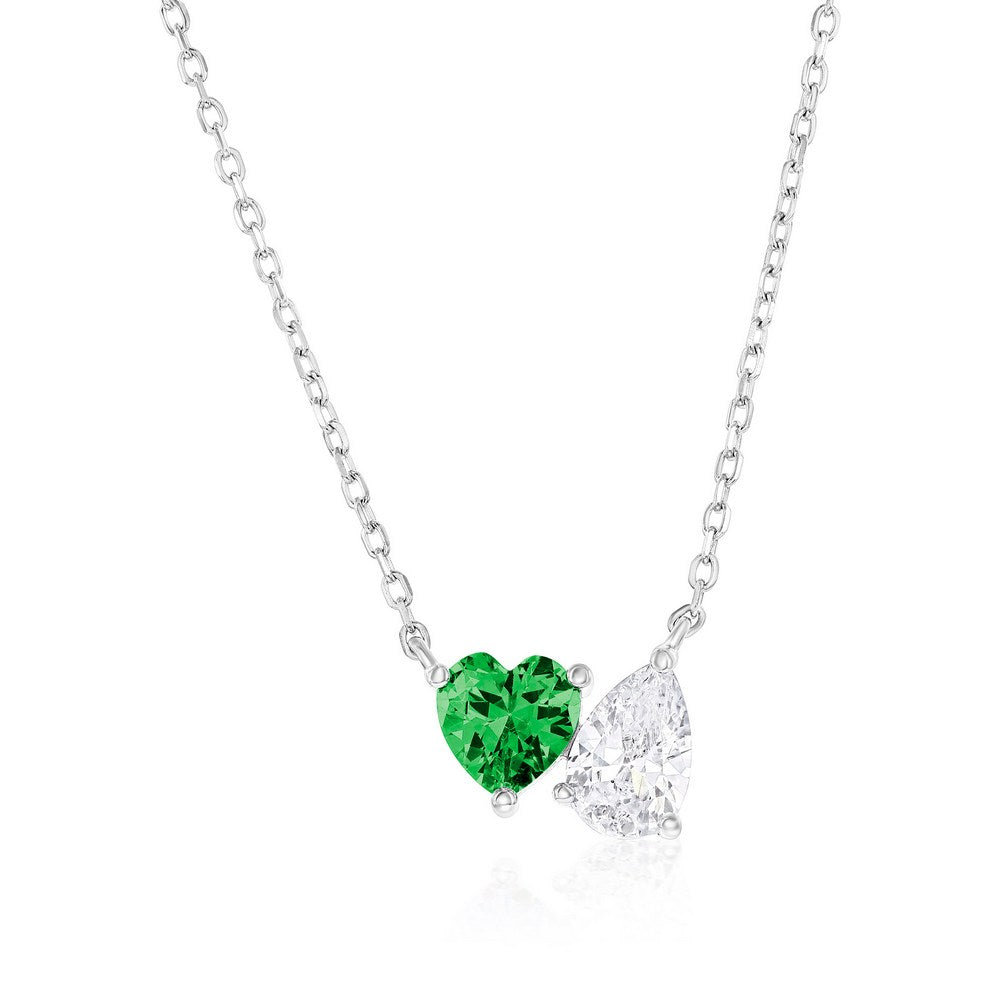 Sterling Silver Heart and Pearshaped CZ Necklace Emerald 16+2''
