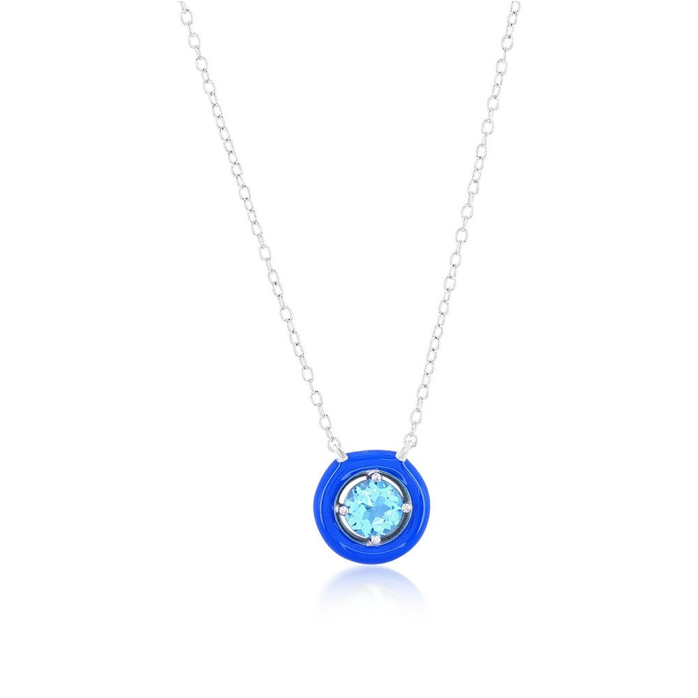 Sterling Silver Round Enamel & Gemstone Halo Necklace Swiss Blue Topaz 16+2''