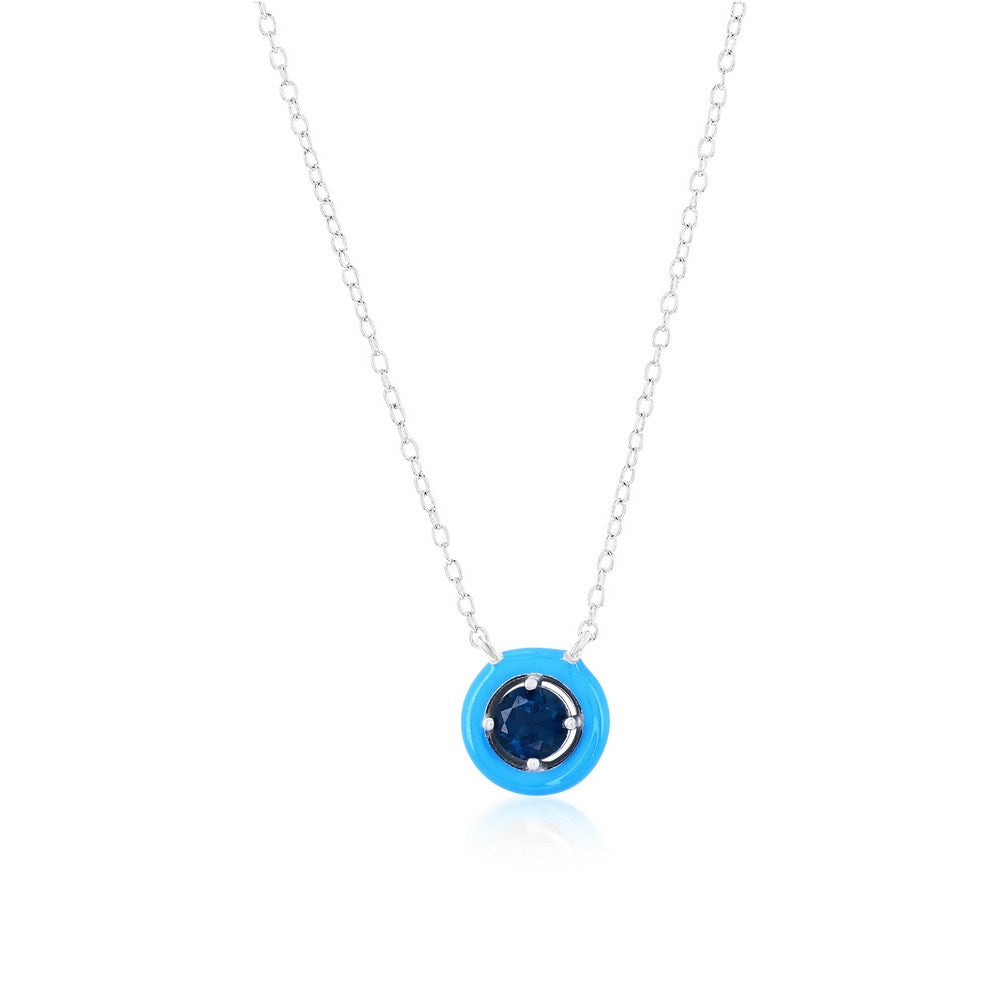 Sterling Silver Round Enamel & Gemstone Halo Necklace London Blue Topaz 16+2''