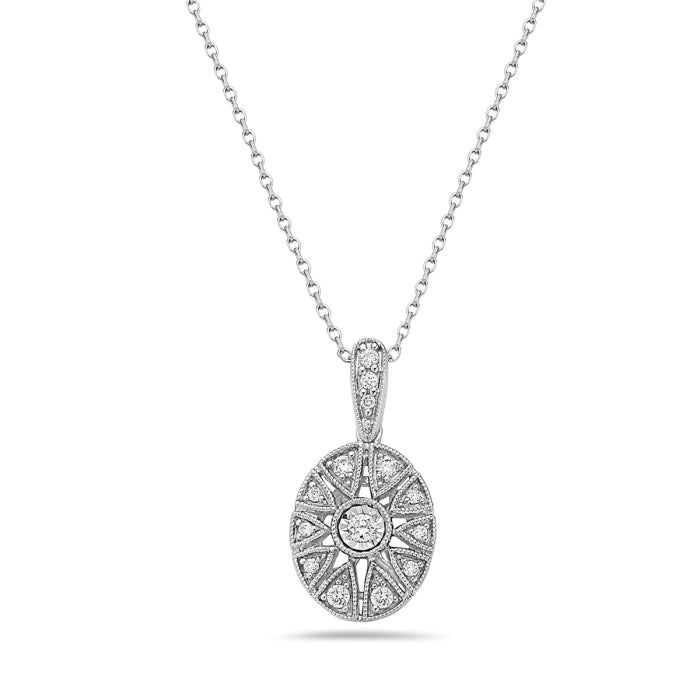 14KT WG Diamond Oval Sunburst Pendant w/ Chain