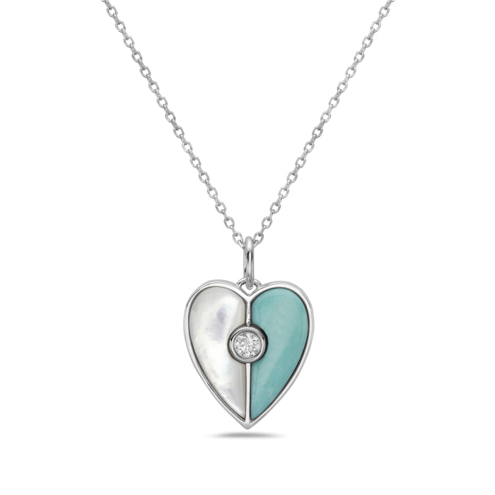 14KT WG Diamond, Turquoise & Mother of Pearl Heart Necklace