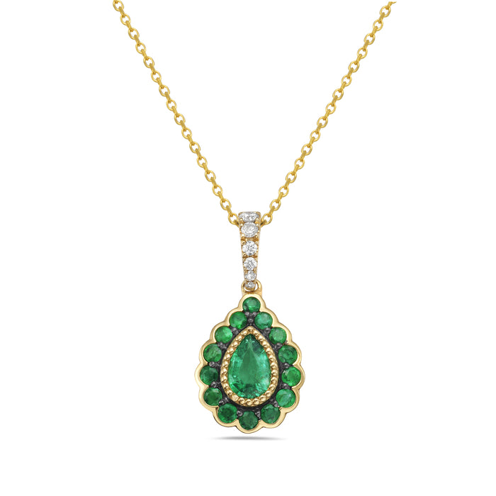 14KT YG Diamond & Emerald Pear Necklace