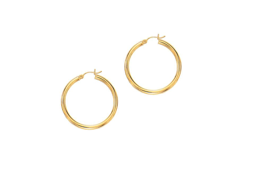 14KT YG 3mm Tube Polished Hoop Earrings 2.15g