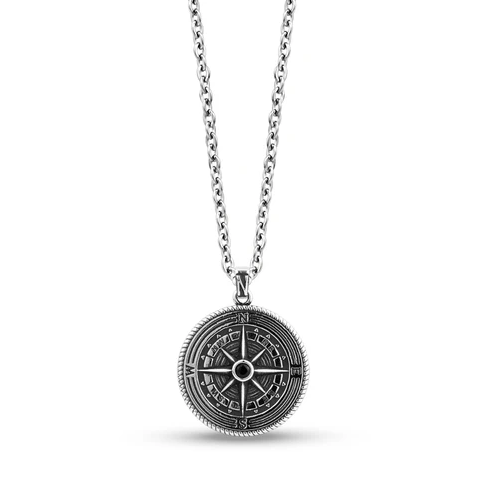 Stainless Steel w/ Stones Compass Pendant