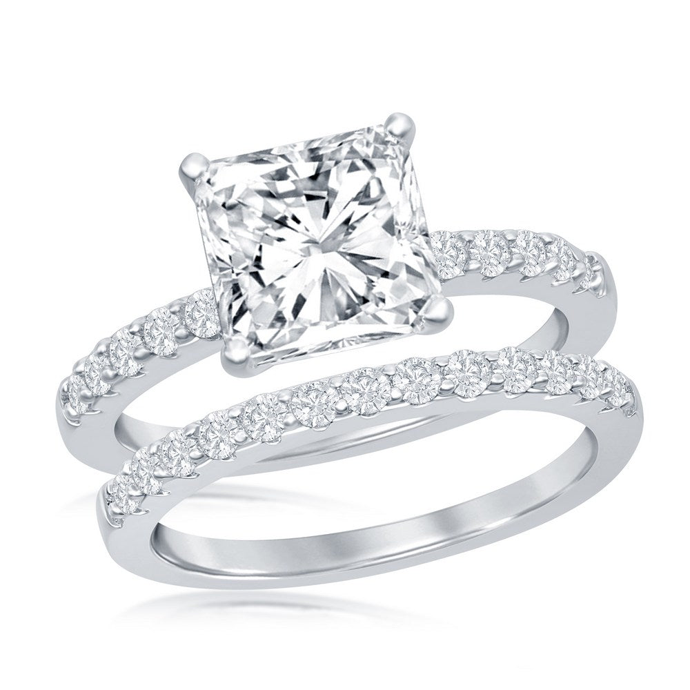 SS Princess-Cut Half CZ S7 Band Engagement Ring Set