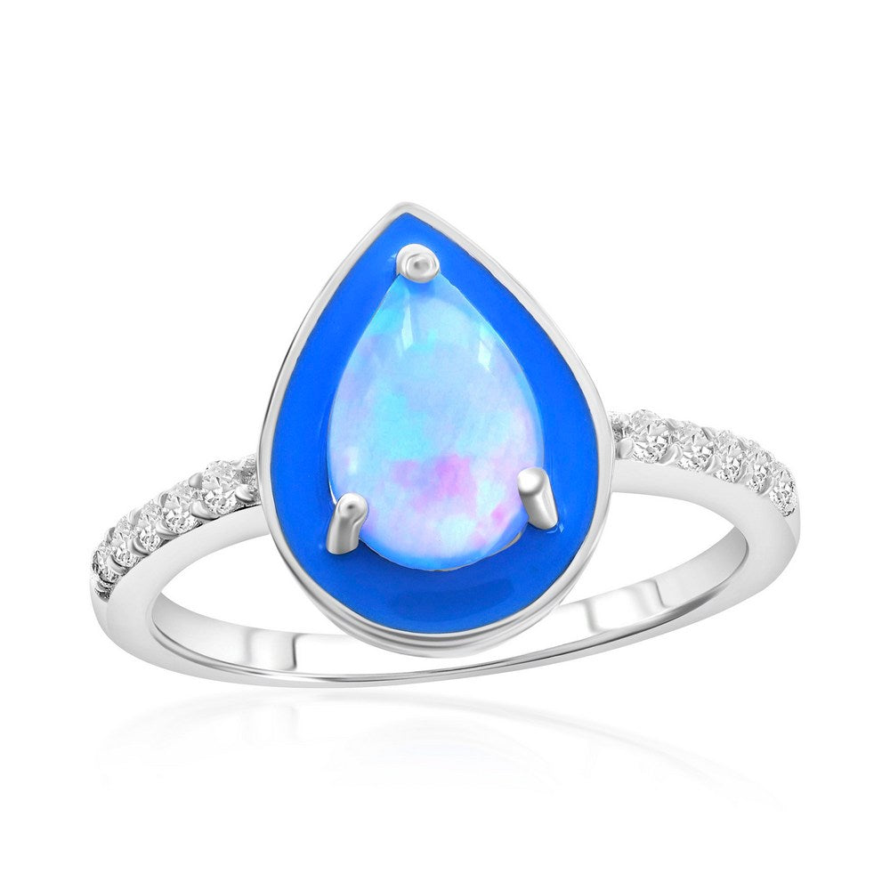 SS White Opal & Blue Enamel Pear shaped CZ Ring