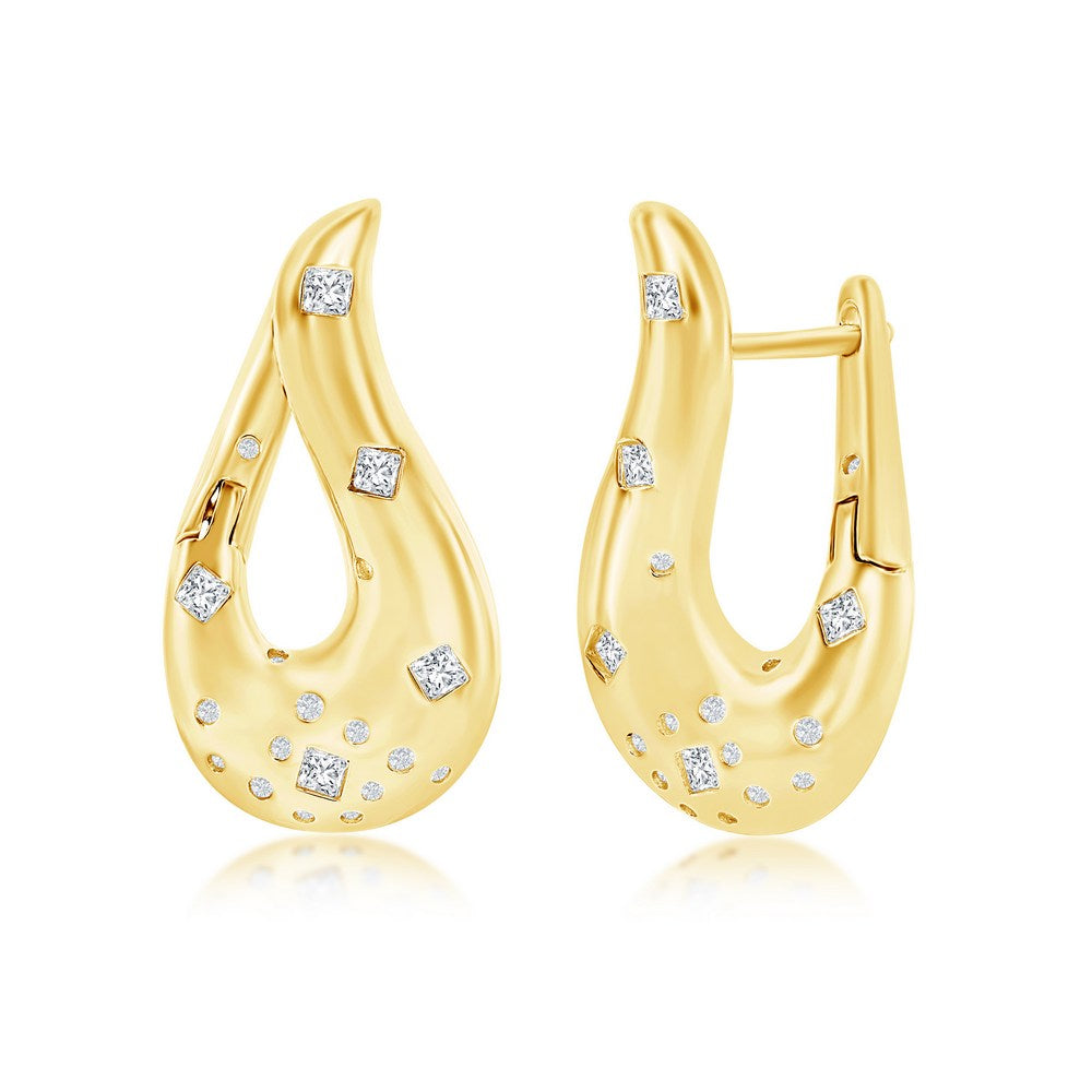 Sterling Silver Scattered CZ Curved Dangle Earrings - Gold Plated