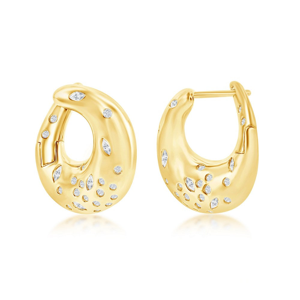 Sterling Silver Scattered CZ Puffed Earrings - Gold Plated